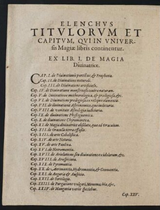 Elenchus Titulorum Et Capitum, Qui In Universis Magiae libris continentur
