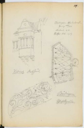 Rathaus, Kiedrich / Schlosskapelle, Büdingen: Perspektivische Ansicht Erker Rathaus, Grundriss, Detail, Schlosskapelle (aus: Skizzen- und Fotoalbum 7)