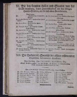 XI. Die bey fremden Höfen und Staaten von der Stadt Hamburg, sowol gemeinschaftlich mit den übrigen Hansee-Städten, als für sich allein Accreditirten.