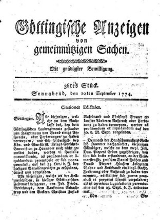 36tes Stück. Sonnabend, den 10ten September 1774.