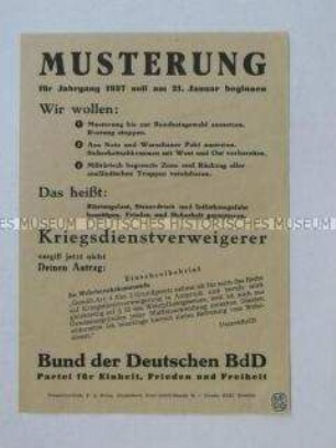 Propagandaflugblatt des Bundes der Deutschen zum Wehrdienstpflicht