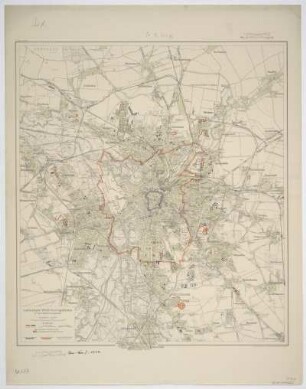 Plan zum Wohnungsbau in Leipzig, 1:25 000, Mehrfarbendruck, um 1930 : Leipzigs Wohnungsbau in der Nachkriegszeit / Ausführung u. Druck v. Carl Starke. - 1:25 000. - Leipzig : Starke , [um 1930]. - 1 Plan : Mehrfarbendr. ; 49 x 55 cm. Mit Erl.