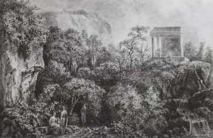 Ideale Landschaft mit Tempel und Wasserfall