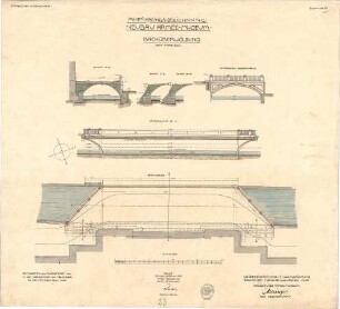 Mellinger, Ludwig von; München; Armeemuseum - Neubau, Bachüberwölbung beim Mittelbau (Grundriss, Ansicht, Längsschnitt, Schnitte)