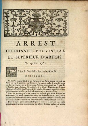Arrest du conseil provincial et supérieur d'Artois, du 29 Mai 1762