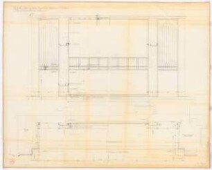 Reichsluftfahrtministerium, Berlin: Saalbau, Ehren-/Festsaal (Empore und Orgel): Ansicht, Grundriss 1:20