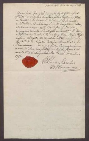 Taufzeugnis des Grafen Friedrich Karl Joseph von Schönborn (geboren am 2. August 1787).