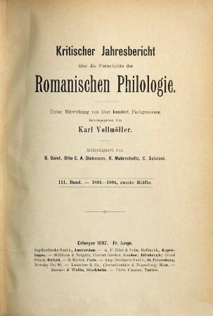 Kritischer Jahresbericht über die Fortschritte der romanischen Philologie. 3. 1891/94 (1897)