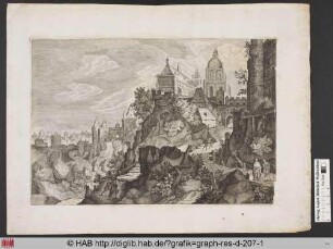 Spaziergänger nahe einer Stadt in bergiger Landschaft.