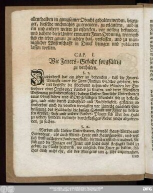 Cap. I. Wie Feuers-Gefahr sorgfältig zu verhüten.