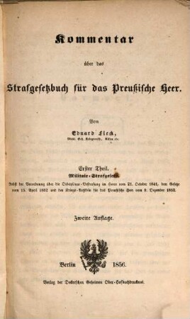 Commentar über das Strafgesetzbuch für das Preußische Heer : I. Theil. Militaer-Strafgesetze