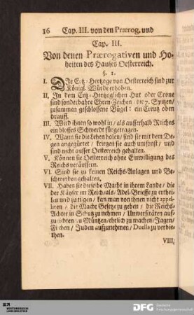 Cap. III. Von denen Prærogativen und Hoheiten des Hauses Oesterreich