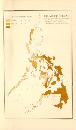 Islas Filipinas. Mapa que demuestra la producción de abacá en kilógramos por cada hectárea de terreno cultivado