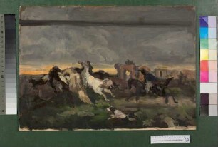 Reiter und Hund Pferde treibend