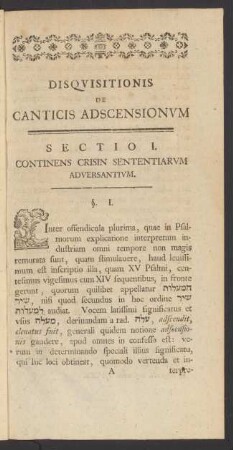 Sectio I. Continens Crisin Sententiarum Adversantium