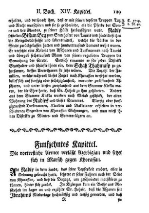 Funfzehntes Kapittel. Die vortrefliche Armee verläßt Azerbigian und setzet sich in Marsch gegen Khorassan.