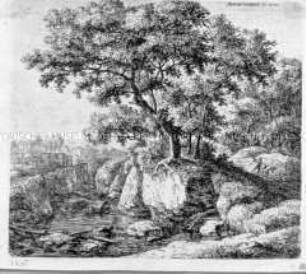 Eseltreiber auf einem Weg neben einem baumbewachsenen Felsen am Fluss (aus einer Folge Landschaften, quadratisch, Signatur links oder rechts oben, nicht numeriert)