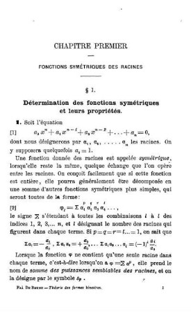 Chapitre Premier - Quatrième. Fonctions Symétriques des Racines. Des Résultants. Discriminants. Formes Canoniques.