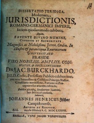 Diss. iur. modernam iurisdictionis Romano-Germanico Imperii, faciem quodammodo exhibens