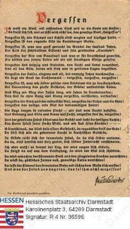 Warncke, Paul (1866-1933) / patriotischer Gedichttext 'Vergessen' auf die Niederlage Deutschlands im Ersten Weltkrieg, mit faks. Unterschrift Warnckes