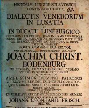 Historiae linguae Sclavonicae continuatio tertia, de dialectis Venedorum in Lusatia, et in ducatu Luneburgico