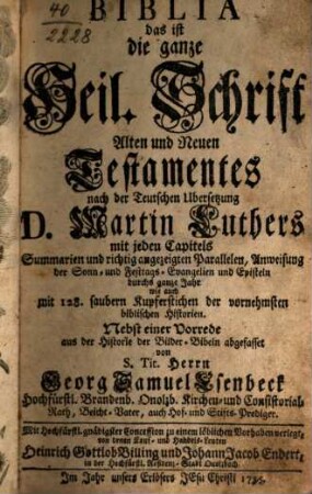 Biblia das ist die ganze Heil. Schrift Alten und Neuen Testamentes