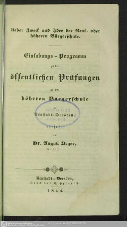 1843/44: Einladungs-Programm zu den öffentlichen Prüfungen an der Höheren Bürgerschule zu Neustadt-Dresden