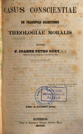 Casus conscientiae in praecipuas quaestiones theologiae moralis