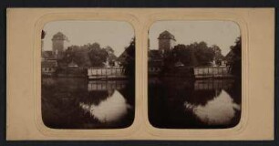 Blick zur Wasserkunst von der Insel Buen Retiro : Blick zur Wasserkunst von der Insel Buen Retiro in Schimmels Teich im Südwesten von Leipzig, Stereofotografie, um 1860. Rechts unten: Prägestempel. Rückseite bez.: "K 35 Insel Buen Retiro", "Wehner-Beckmann" und "T 97"