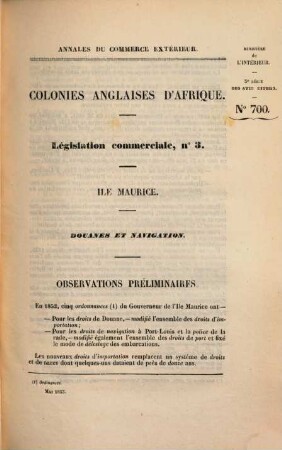 Annales du commerce extérieur. Colonies anglaises d'Afrique. Législation commerciale. 1/18. 1844/75