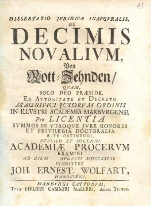 Dissertatio iuridica inauguralis de decimis novalium, Von Rott-Zehnden