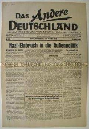 Pazifistische Wochenzeitung "Das Andere Deutschland" zum wachsenden Einfluss der NSDAP in der Außenpolitik