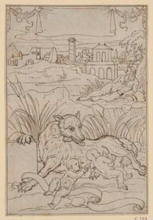 Allegorische Titelvignette zur Geschichte Roms: Romus und Remulus werden von der Wölfin gesäugt