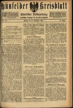 Ausgabe vom Freitag, den 15. September 1922.