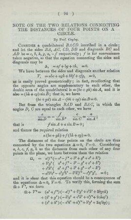 Note on the two relations connecting the distances of four points on a circle.
