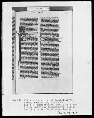 Bibel — Initiale P (aulus), darin der Apostel Paulus, Folio 441recto
