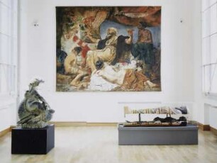 Mumie (Originalgetreue Nachbildung einer ägyptischen Mumie mit Kartonage) : Raumaufnahme mit "Putto nach Permoser" (2006; M. Foltyn), "Hafes vor der Schenke nach Feuerbach" (1997; S. Michalicka) und "Mumie" (2005; R. Frenzel)