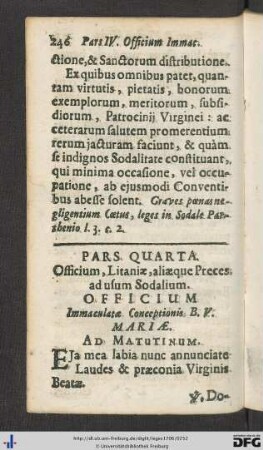 Pars Quarta. Officium, Litaniae, aliaeque Preces ad usum Sodalium.