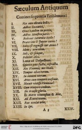 Saeculum Antiquum Continet sequentia Emblemata:
