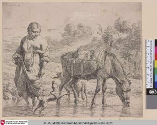 [The Country Woman and the Sumpter crossing a Brook; Peasant Woman with Donkey in a Stream; La paysanne dans l'eau; Bäuerin und Lastentier durchqueren einen Bach]