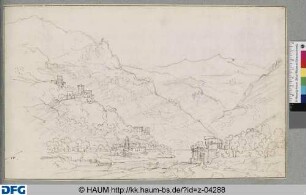 Berglandschaft mit Burgen und Flusstal mit verfallenen Türmen