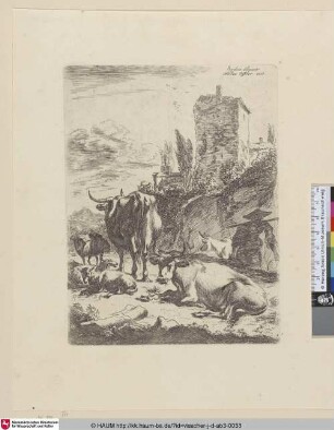 [Die Heerde in der Landschaft mit dem Thurme; The milkmaid, cattle and sheep]