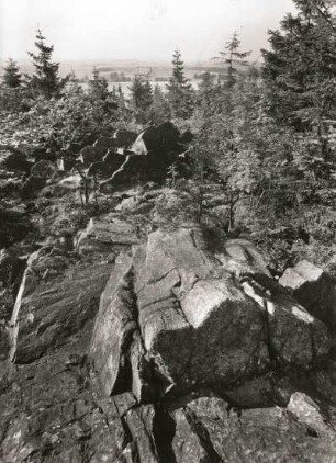 Erzgebirge. "Harter Stein" südlich von Ammelsdorf (Kreis Dippoldiswalde). Teplitzer Quarzporphyr, Säulen bis Durchmesser 80 cm, Höhe ca. 700 m. Blick nach Norden gegen Ammelsdorf