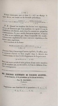 Des fonctions algébriques de plusieurs quantités, de leur formation, et des permutations qui les laissent invariables.