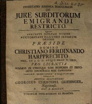 Dissertatio Juridica Inauguralis De Jure Subditorum Emigrandi Restricto