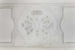 Stuckornamente einer Korridordecke — Fürstenkrone und Initialen der Fürstin Albertina Agnes in runder Kartusche