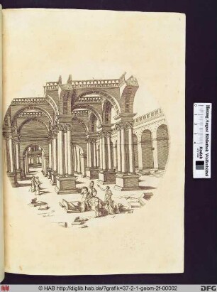 Ansicht einer Ruine mit Säulen der Korinthischen Ordnung und Gewölbebögen.