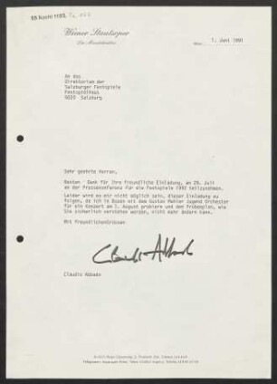 Brief an Salzburger Festspiele, 01.06.1991