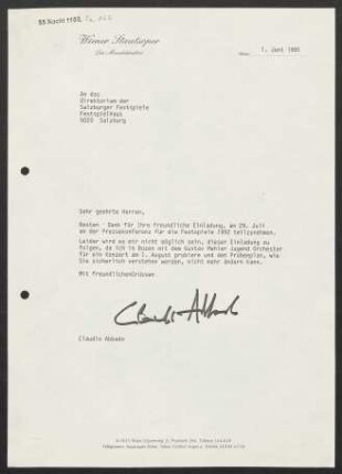 Brief an Salzburger Festspiele, 01.06.1991
