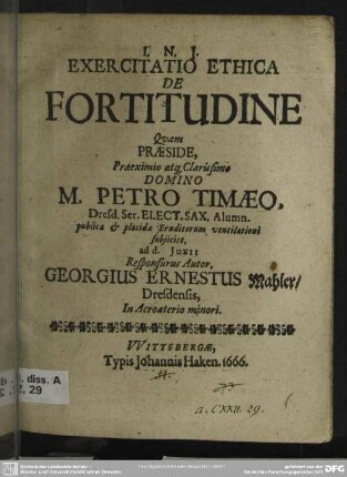 Exercitatio ethica de fortitudine